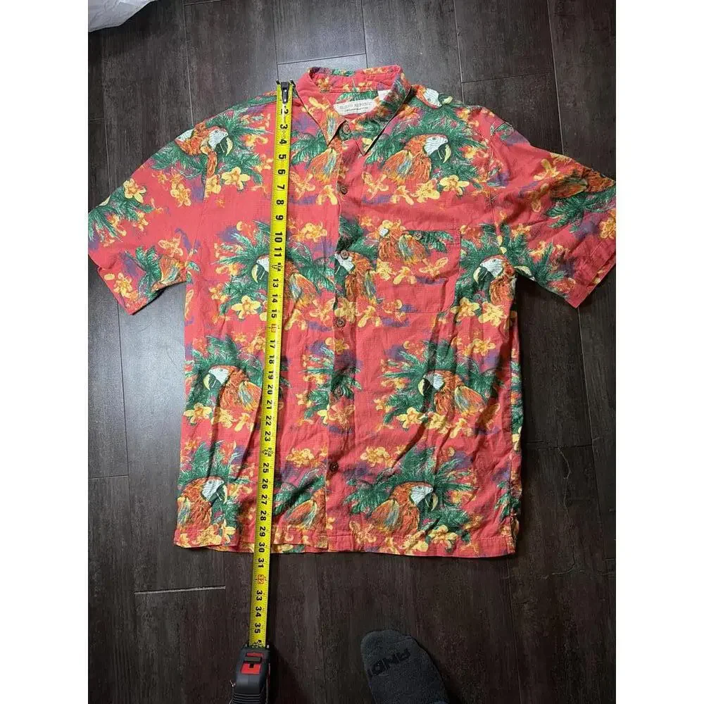 Island Republic Hawaiian Shirt Mens L Red Tropical Parrot Palm Print Rayon Butto